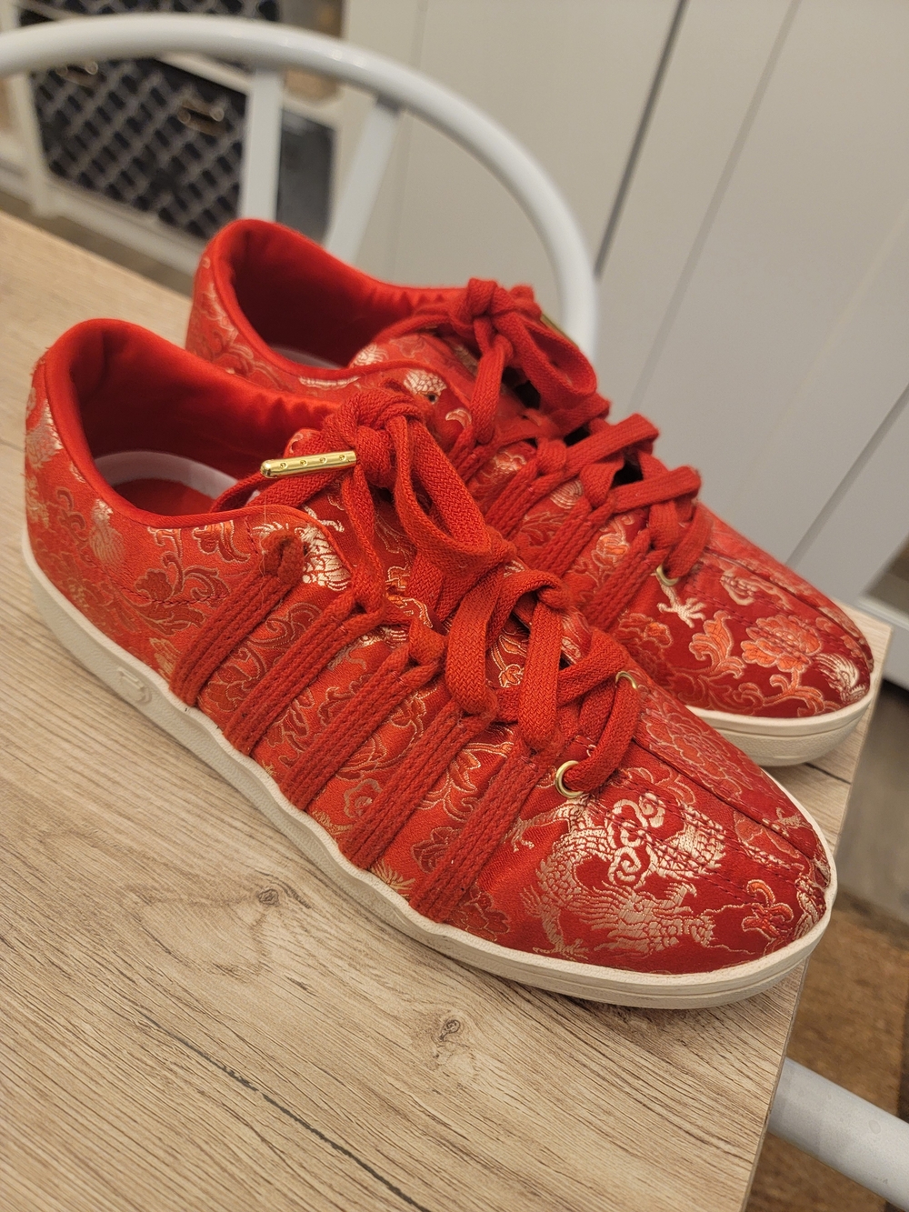 K-Swiss Red Brocade Sneakers with Gold Accents